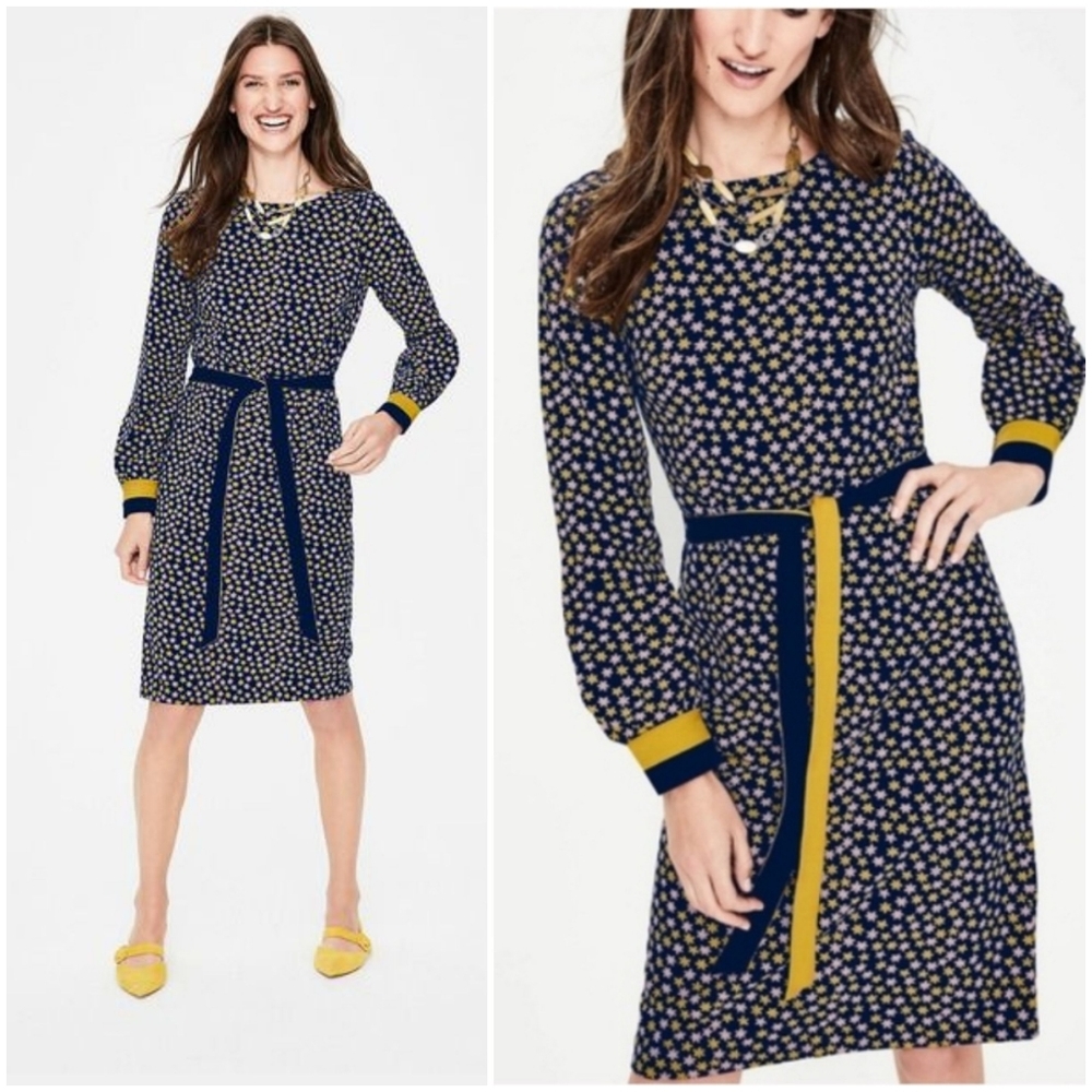 Boden Fawn Jersey Dress - Navy Yellow Print